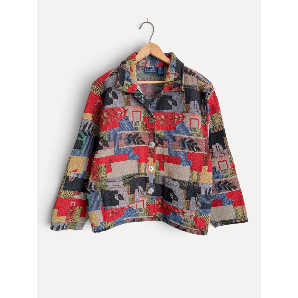 Jane Ashley Tapestry Jacket Patchwork Geometric Woven 1X Multi Color Button Up